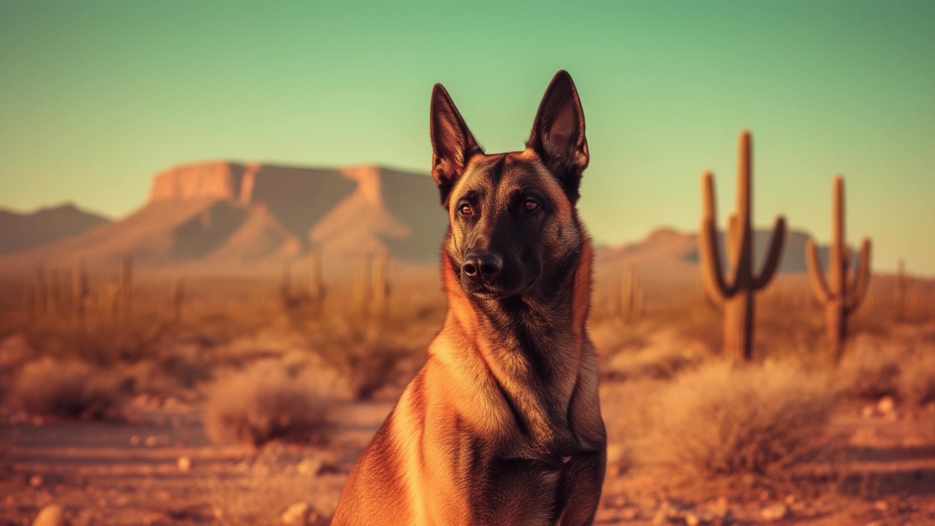 Belgian Malinois standing in the Sonoran desert at golden hour